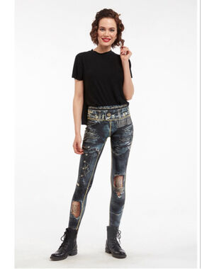 New IPNG Design Printed Denim Look Leggings Distressed Graphic Stretch XL/XXL